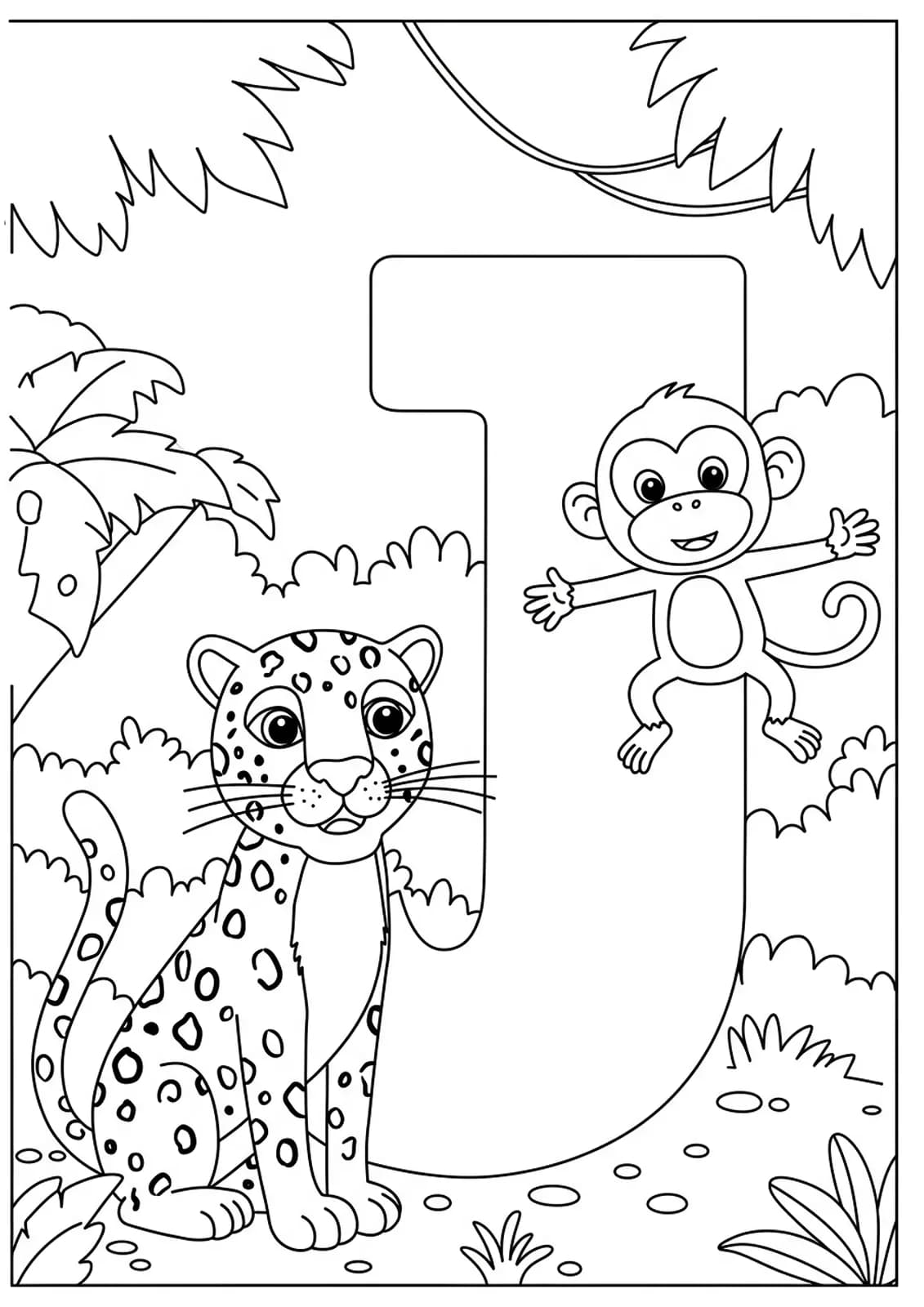 Coloring page of a big letter J with a jaguar and a monkey in a simple jungle scene.