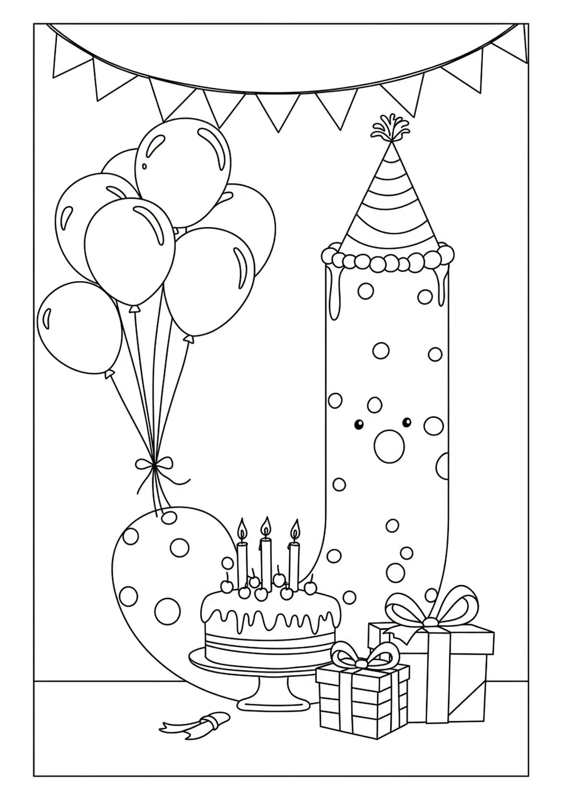 Coloring page with the letter J, balloons, cake, and birthday presents for preschoolers.