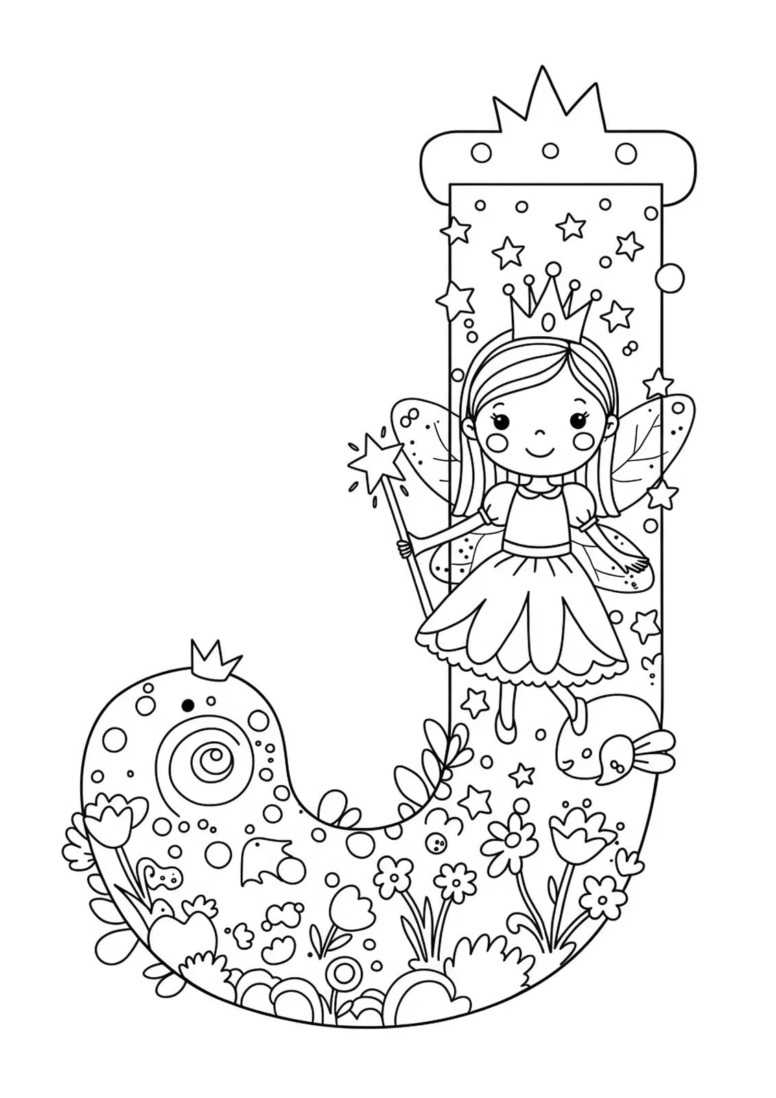 Coloring page with the letter J, fairy princess, stars, and flowers for preschoolers.