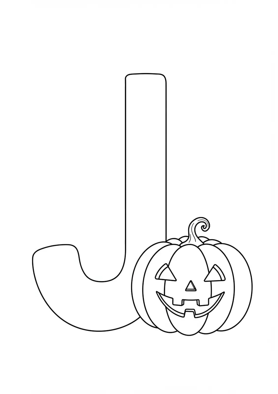 Easy coloring page of a large letter J with a smiling jack-o'-lantern next to it.
