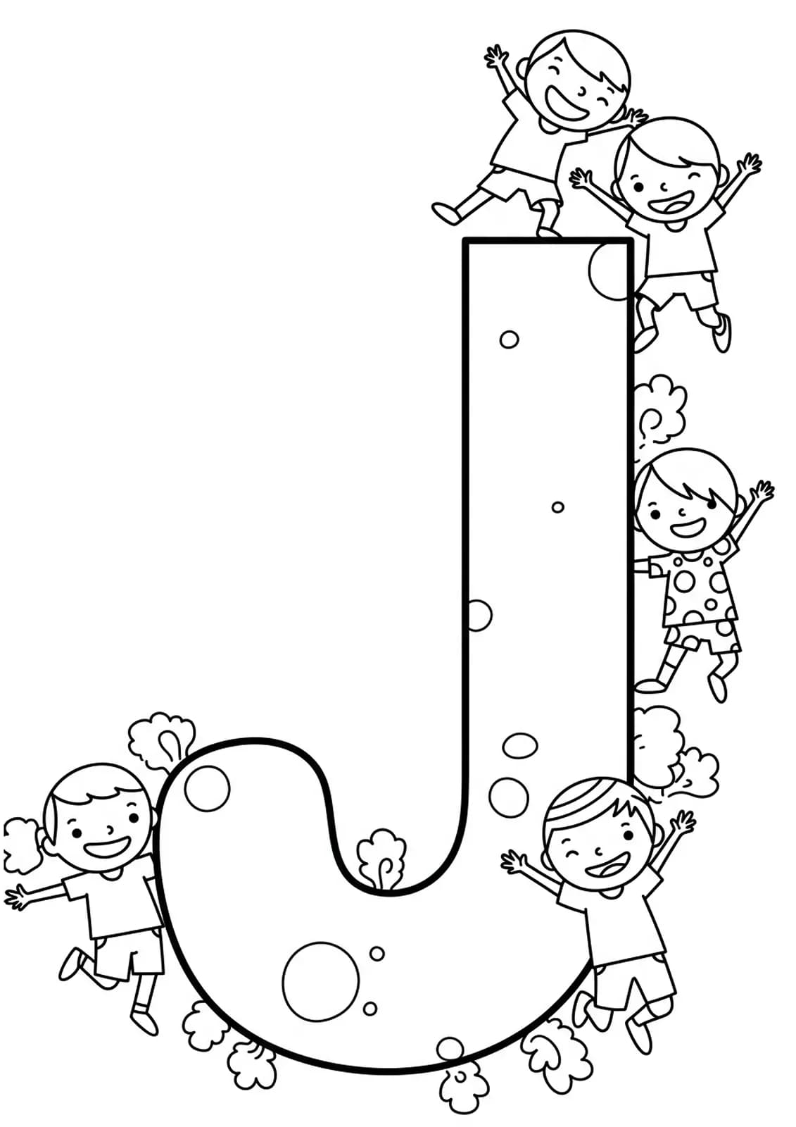 Coloring page with the letter J and kids jumping in playful poses for preschoolers.