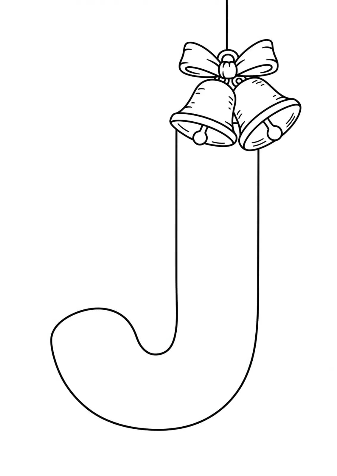 Easy coloring page of a big letter J with large jingle bells hanging nearby.