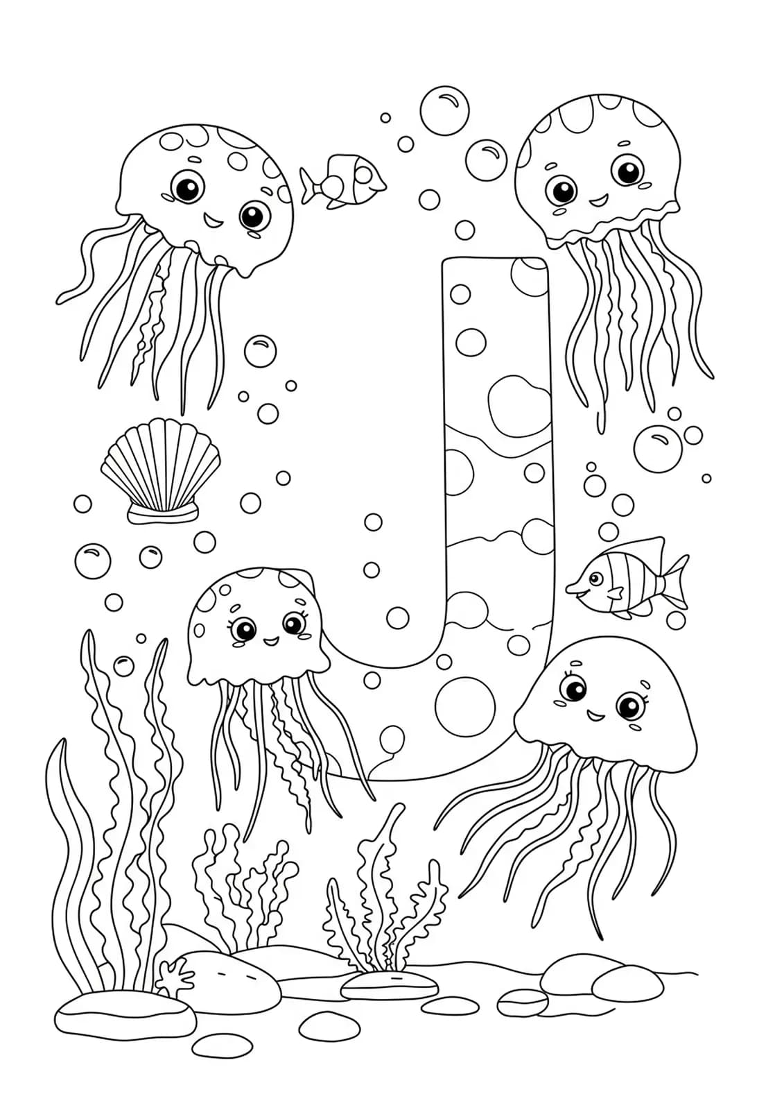 Coloring page featuring a medium-detail letter J with multiple cartoon jellyfish, seaweed, and bubbles for elementary kids.