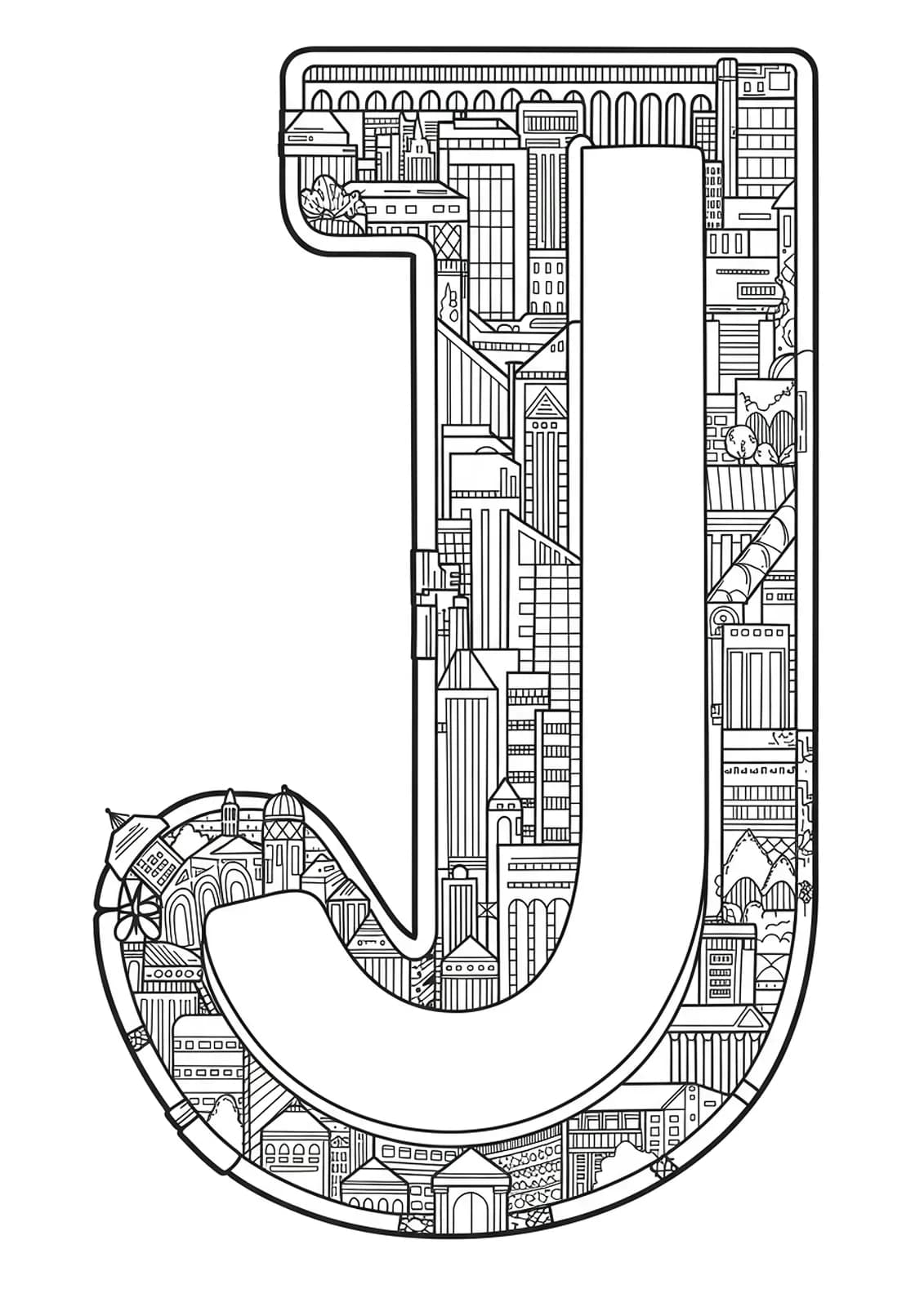 Stylized letter J as part of a city skyline with notable architectural details, medium complexity black and white coloring page for adults.