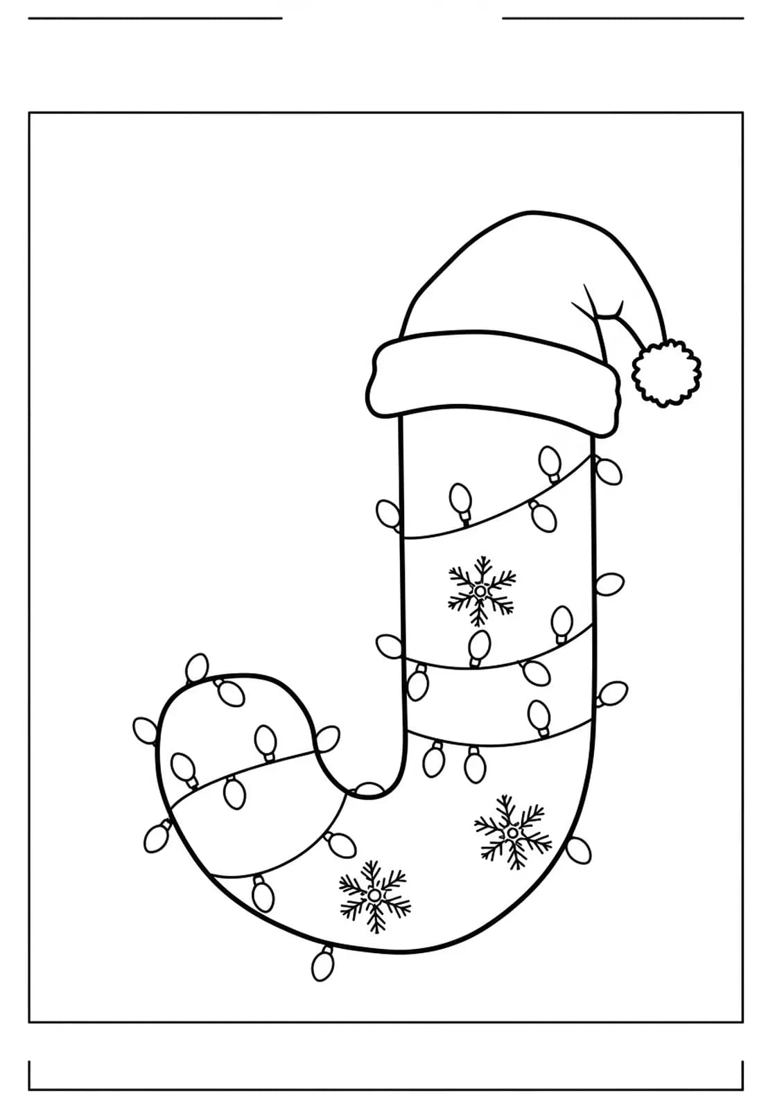 Christmas coloring page with a large letter J, Santa hat, lights, and snowflakes, made for elementary kids.