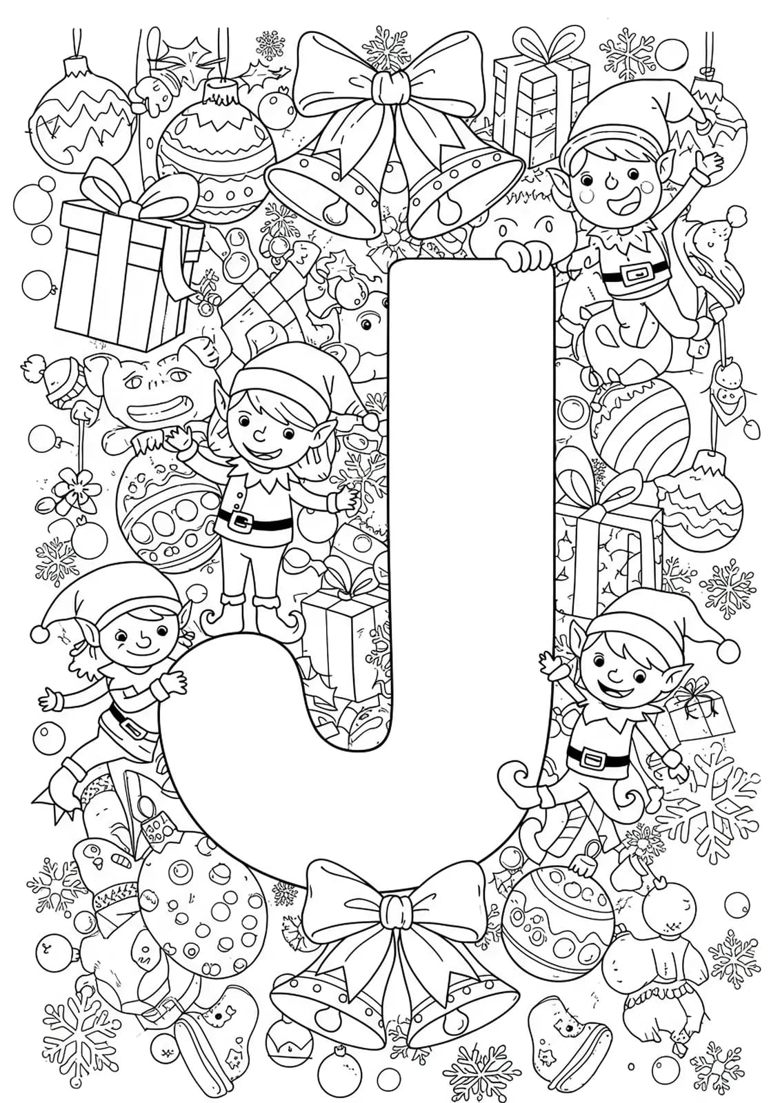 Line art of a big letter J with elves, jingle bells, ornaments, and Christmas patterns wrapped around it.