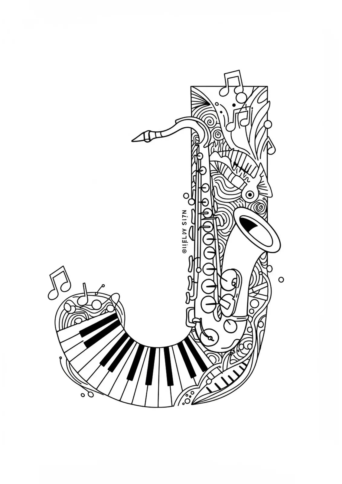 Complex letter J surrounded by jazz instruments, musical notes, and festival patterns