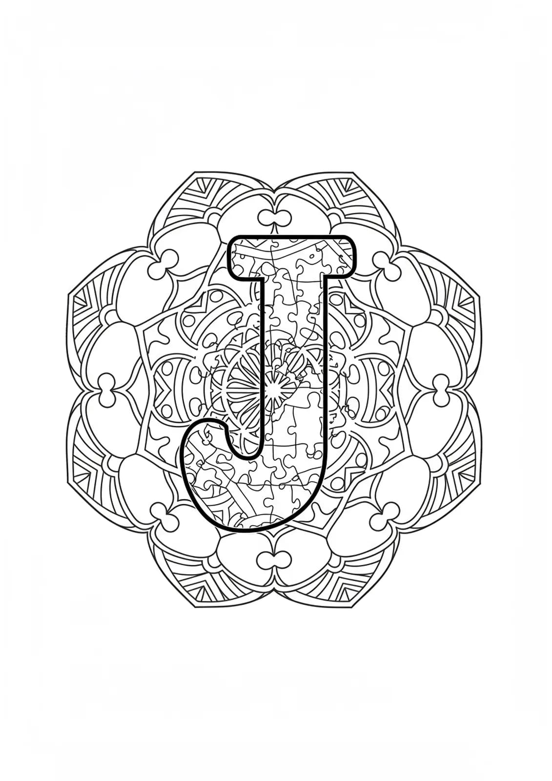 Letter J at the center of a complex mandala made of interlocking jigsaw puzzle pieces and geometric patterns
