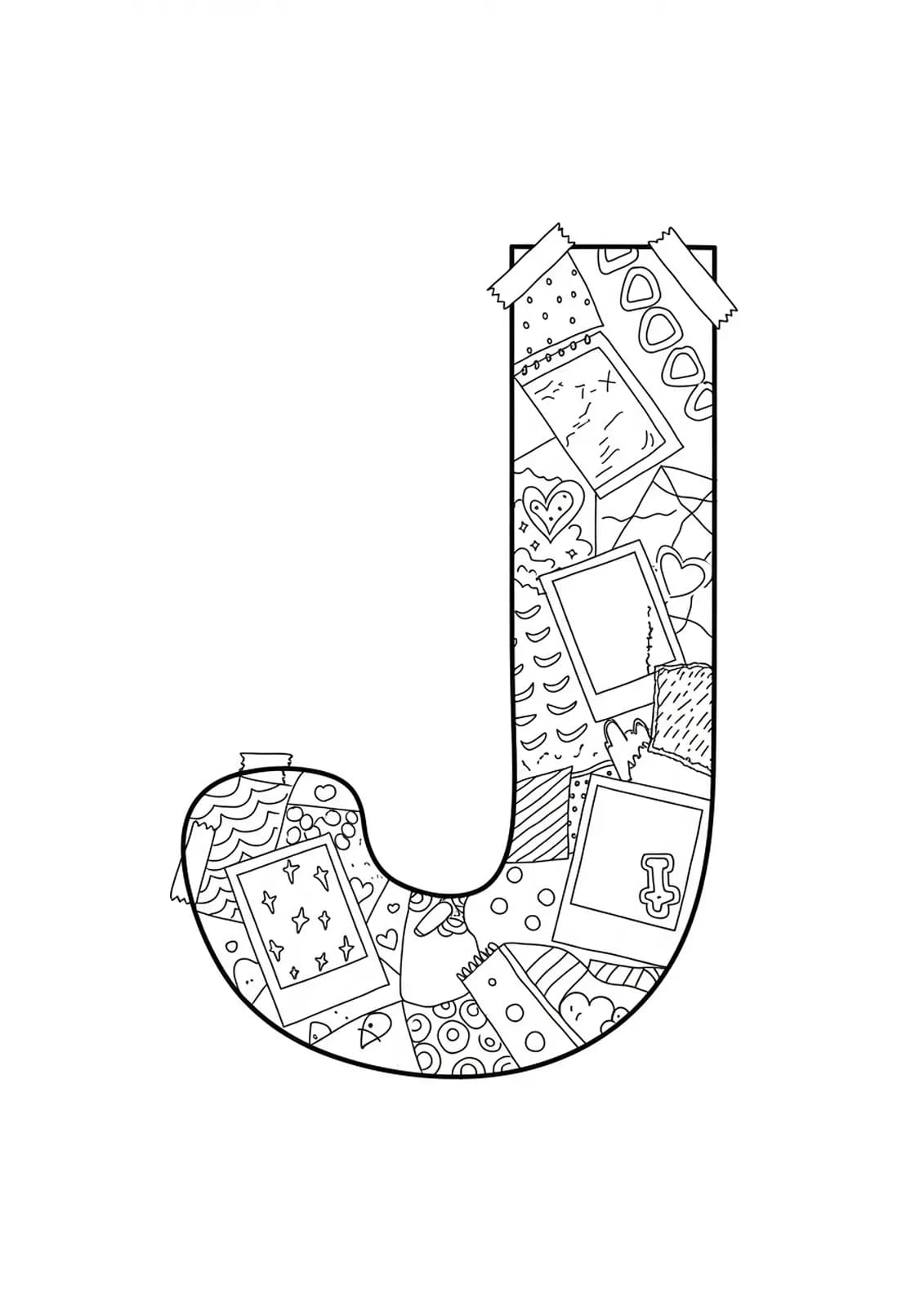 Letter J surrounded by collage-style doodles, washi tape, handwritten notes, and paper textures