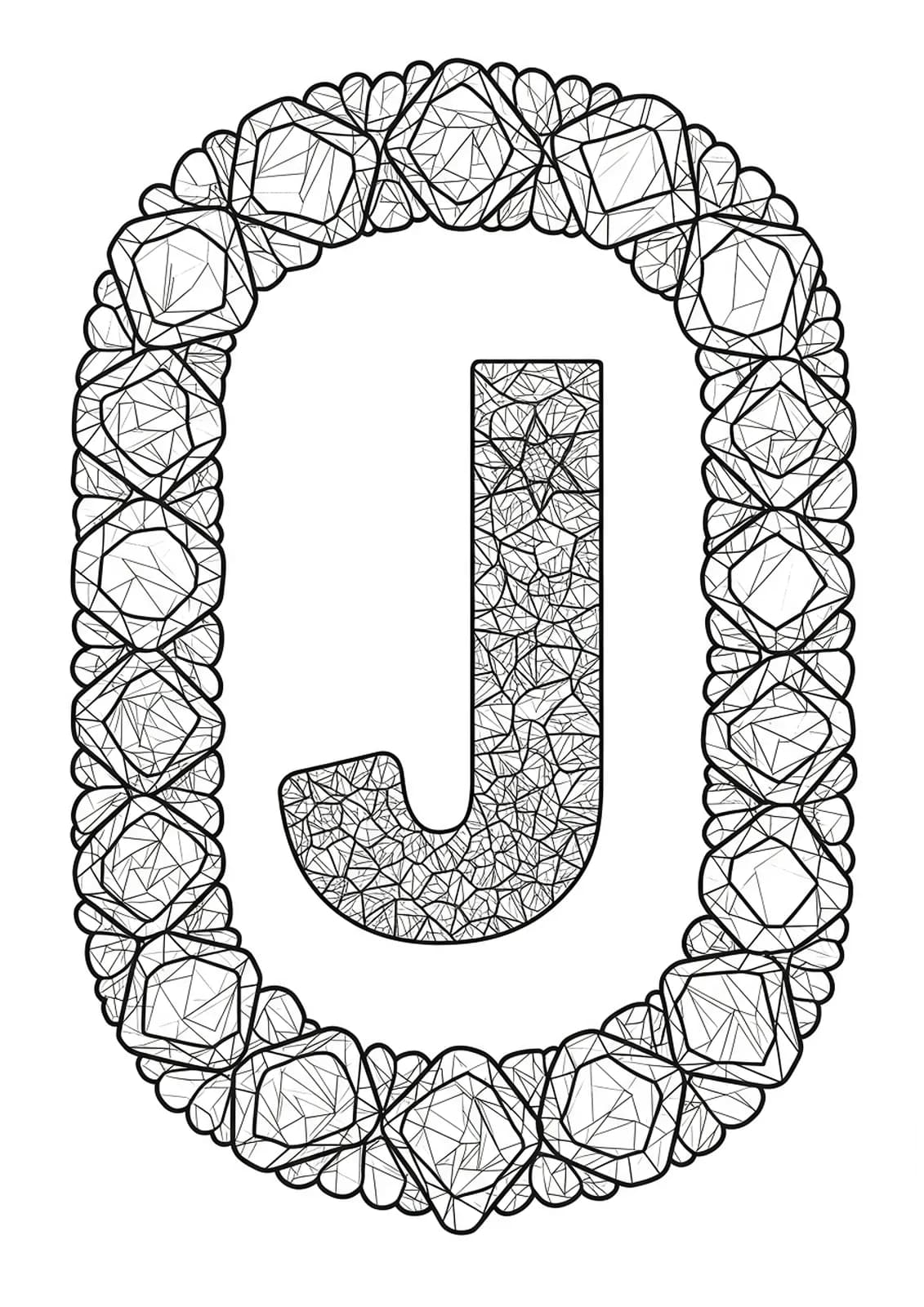 Letter J set within a gemstone mosaic pattern of geometric shapes, black and white medium difficulty coloring page for adults.