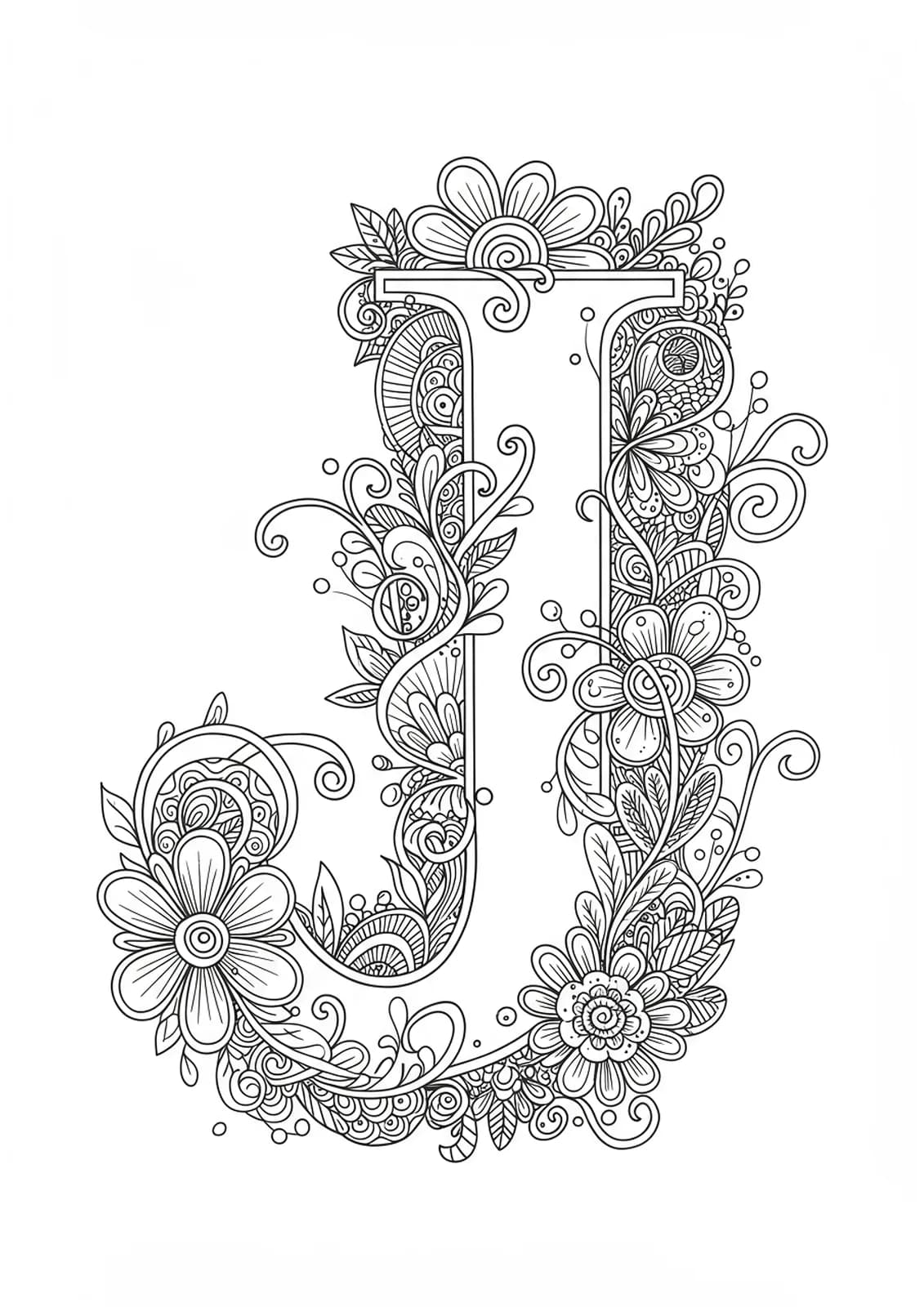 Letter J encased in a web of detailed, tangled botanical stems, leaves, and abstract florals.