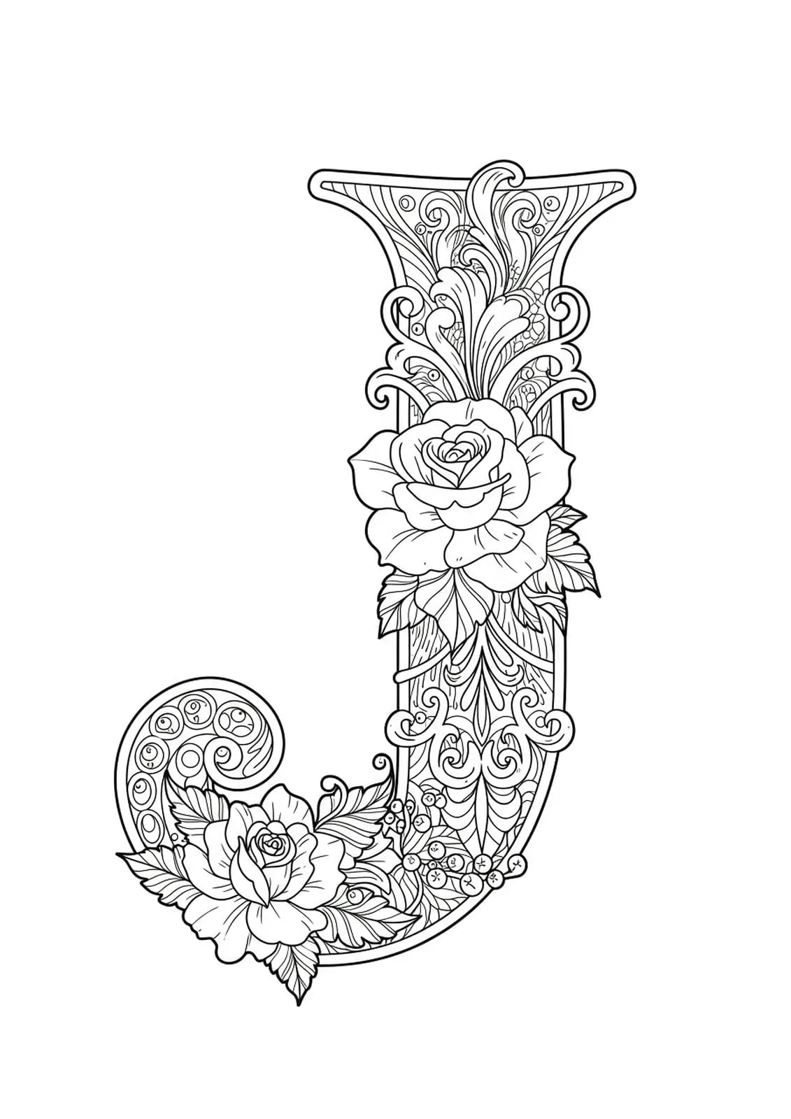 Letter J rendered in a tattoo-inspired style with filigree, roses, and abstract motifs.