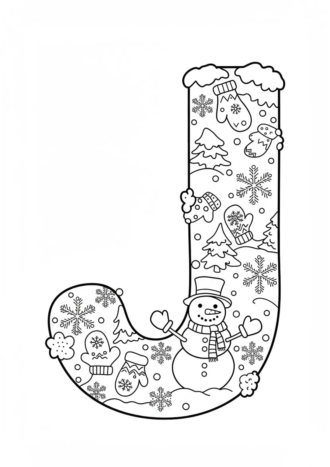 Medium-detail coloring page of the letter J with snowflakes, snowmen, and winter accessories for elementary students.