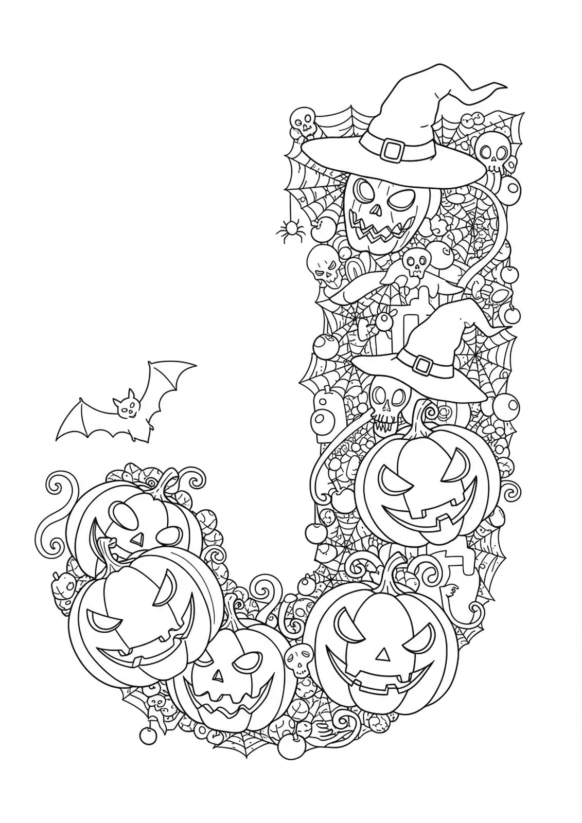 Line art of a big letter J with jack-o'-lanterns, bats, and spiderwebs, all with complex detailing.