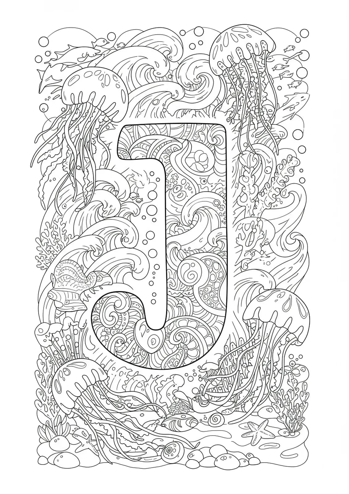 Line art of a large letter J with swirling jellyfish, ocean waves, and small sea creatures around it.