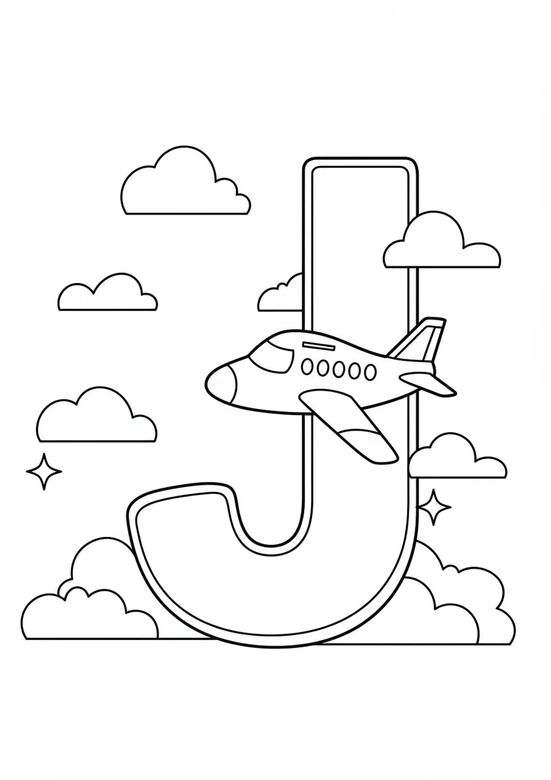 Big letter J and cartoon jet plane flying with clouds, easy coloring page for elementary children.
