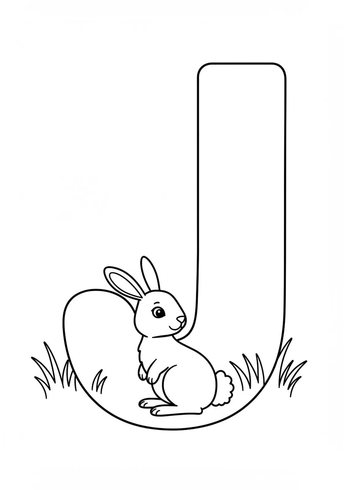 Big letter J with a cartoon jackrabbit hopping and grass, easy coloring page for elementary level.