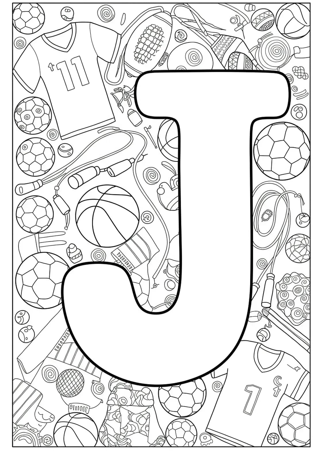 Line art of a large letter J with soccer balls, jump ropes, jerseys, and sports gear, all with complex details.