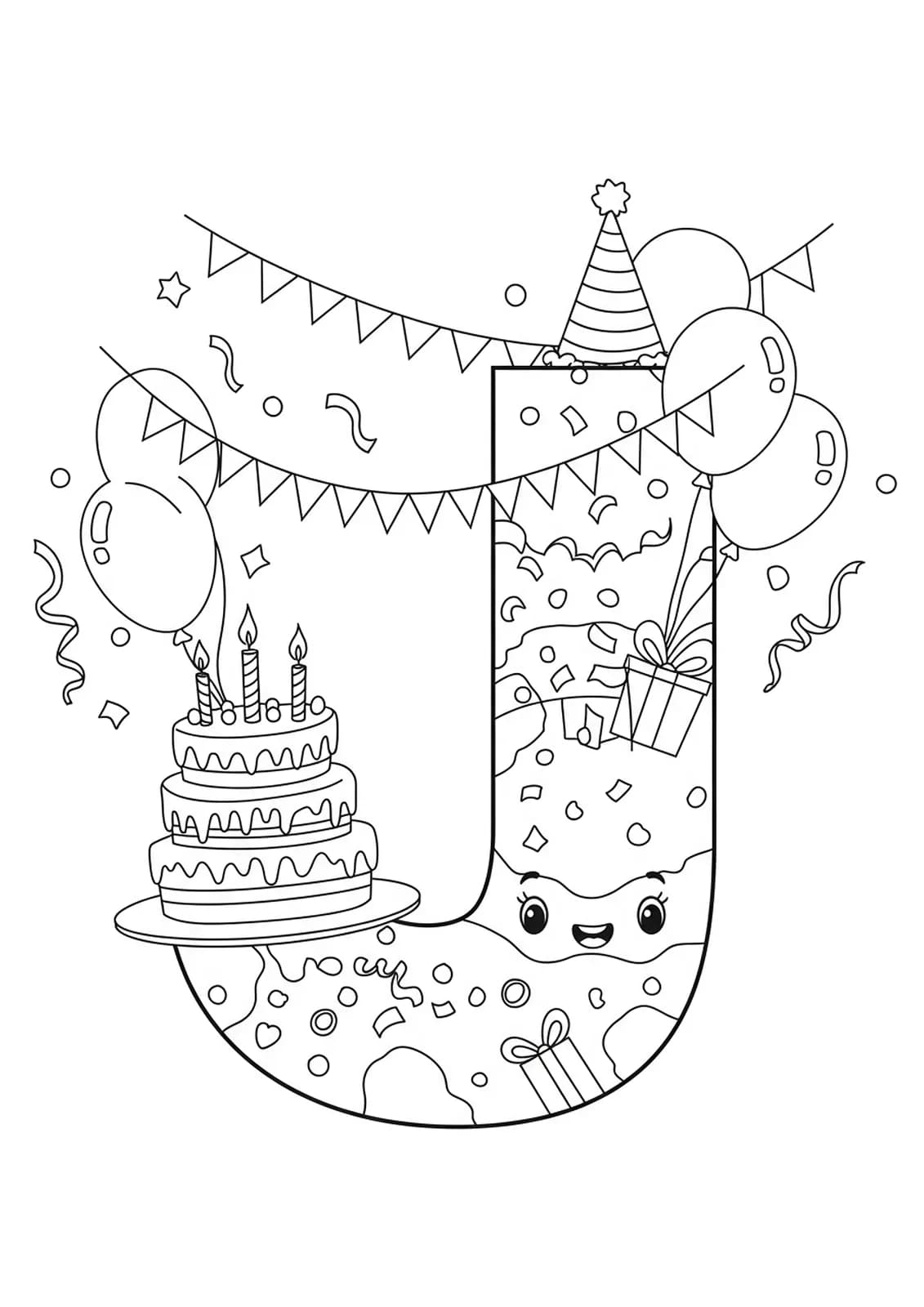 Coloring page with a large letter J, birthday cake, balloons, and confetti, suitable for elementary kids.