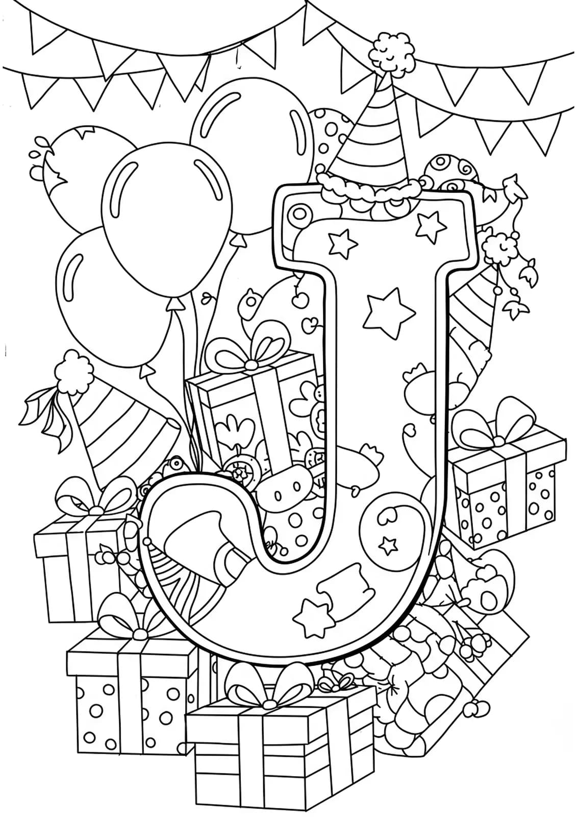 Line art of a large letter J decorated with balloons, gift boxes, and party hats, all with intricate patterns.
