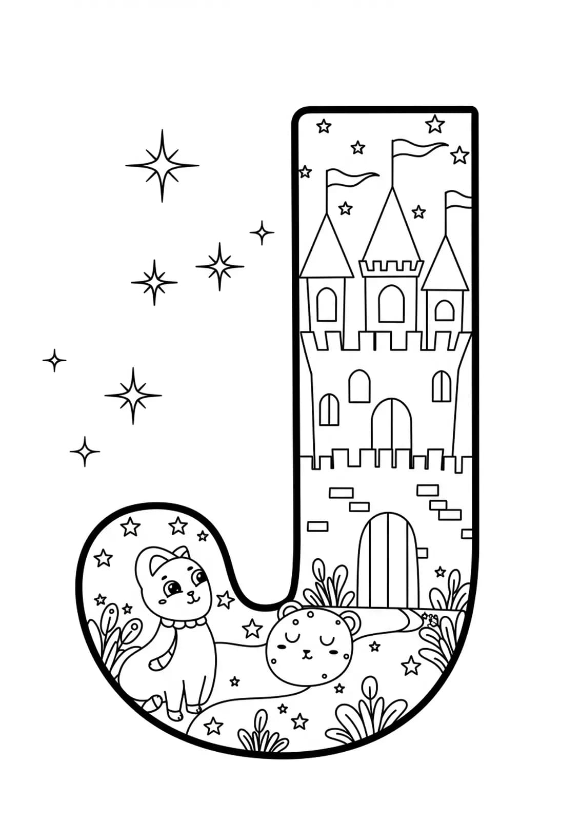 Letter J coloring page with a fairy tale castle and stars, designed for easy coloring by elementary kids.