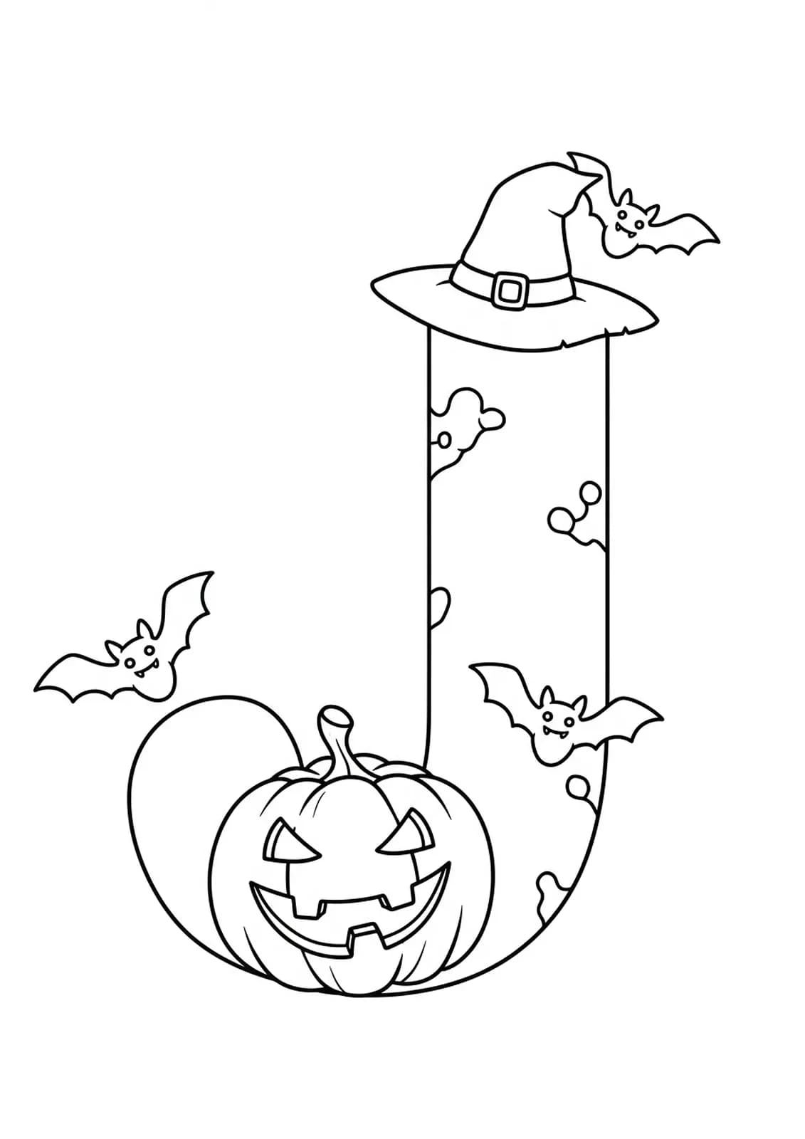 Halloween coloring page with a big letter J, smiling jack-o’-lantern, and bats for elementary students.