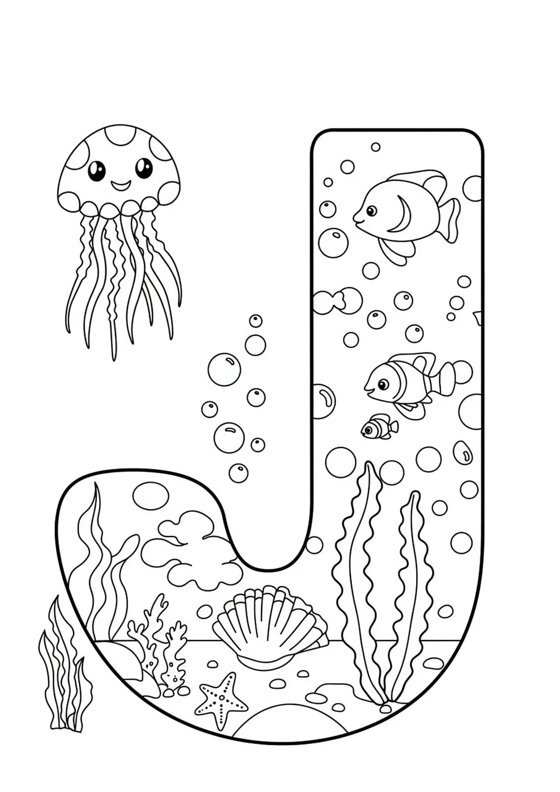 Letter J coloring page with happy jellyfish and ocean bubbles, designed for elementary children.