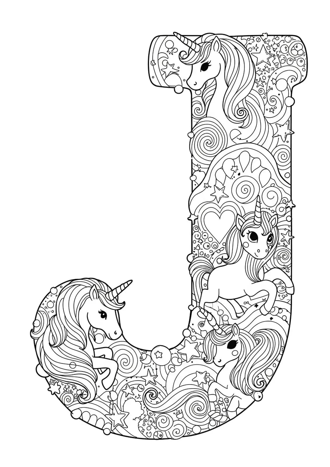 Line art of a large letter J with unicorns, swirly manes, stars, and magical patterns.