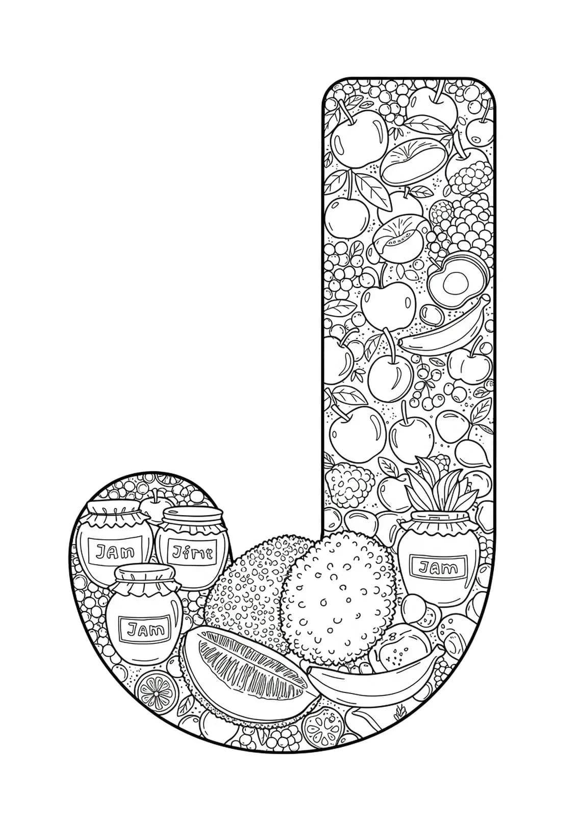 Line art of a large letter J surrounded by a basket of fruits, jackfruit, and jars of jam with fine patterns.