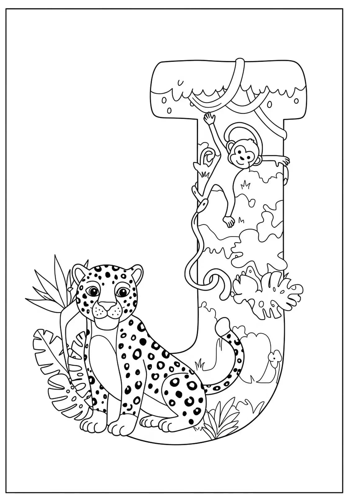 Easy coloring page with a big letter J and friendly jungle animals, suitable for elementary kids.
