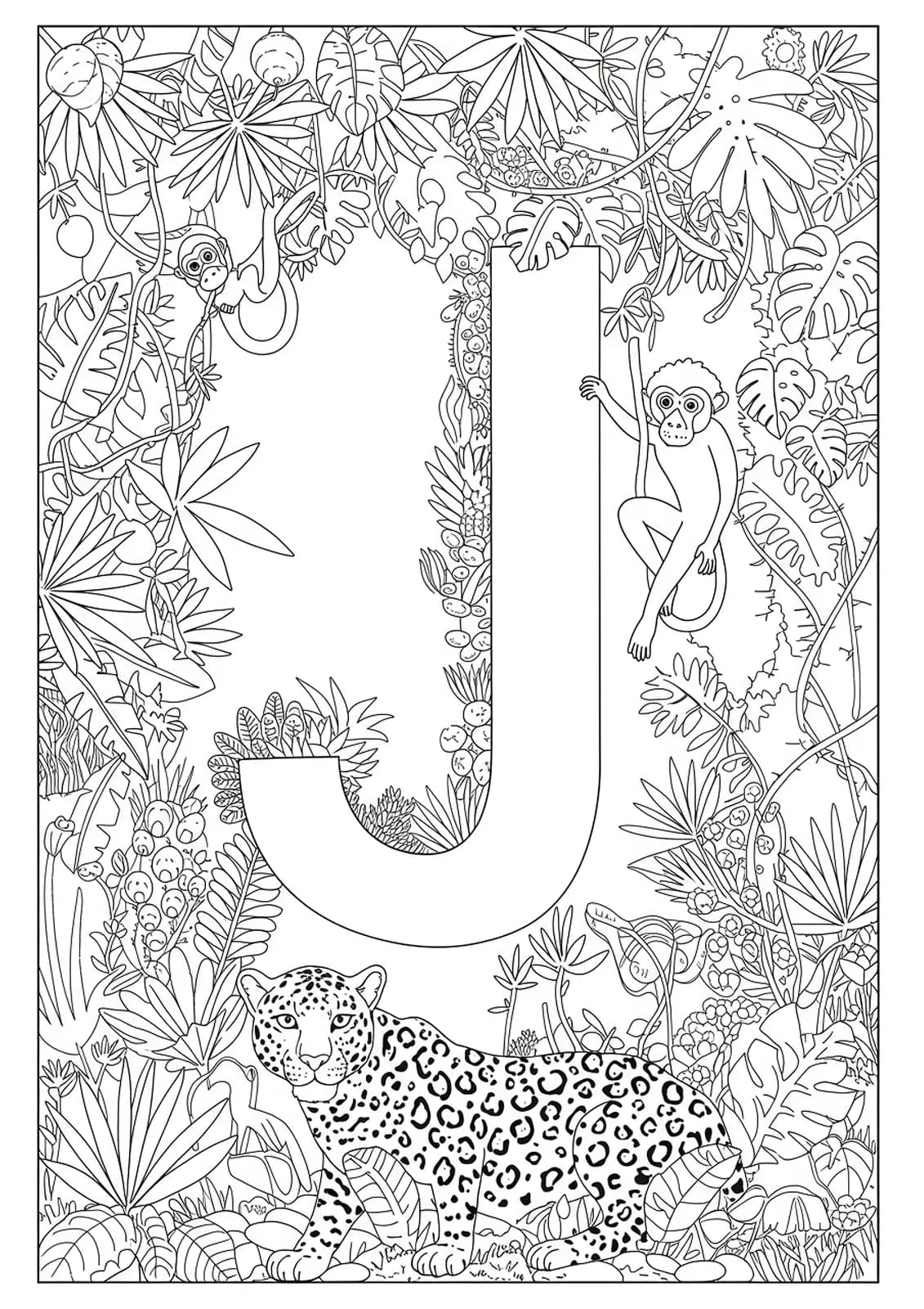 Line art of a large letter J surrounded by jungle vines, jaguars, and monkeys, with complex leaf and animal patterns.