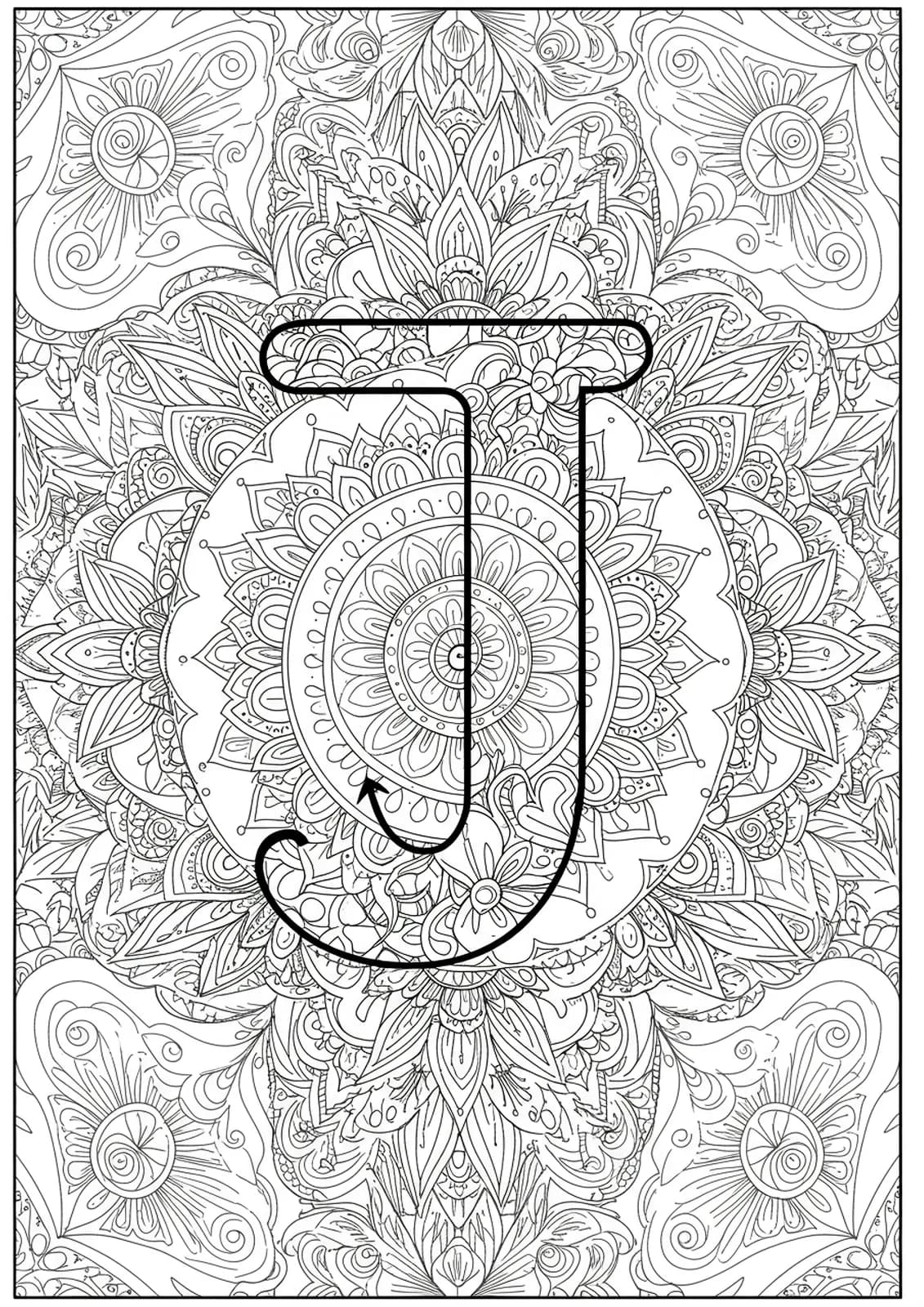Intricate letter J surrounded by medium-complexity mandala garden flowers and botanical shapes, adult coloring page.