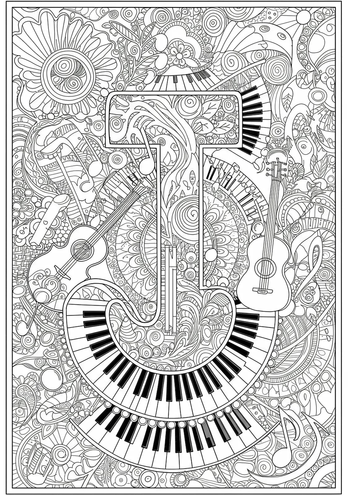Letter J surrounded by musical notes, instruments, and mandala patterns, black and white medium-difficulty coloring page for adults.