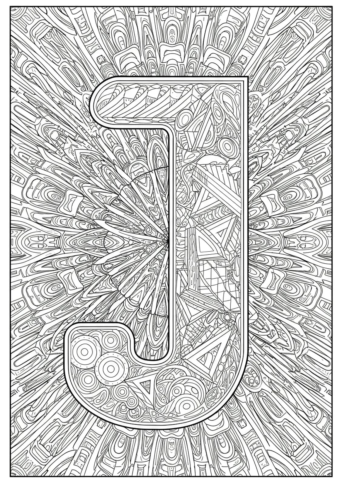 Letter J incorporated within geometric optical illusion shapes and lines, medium complexity adult coloring page.