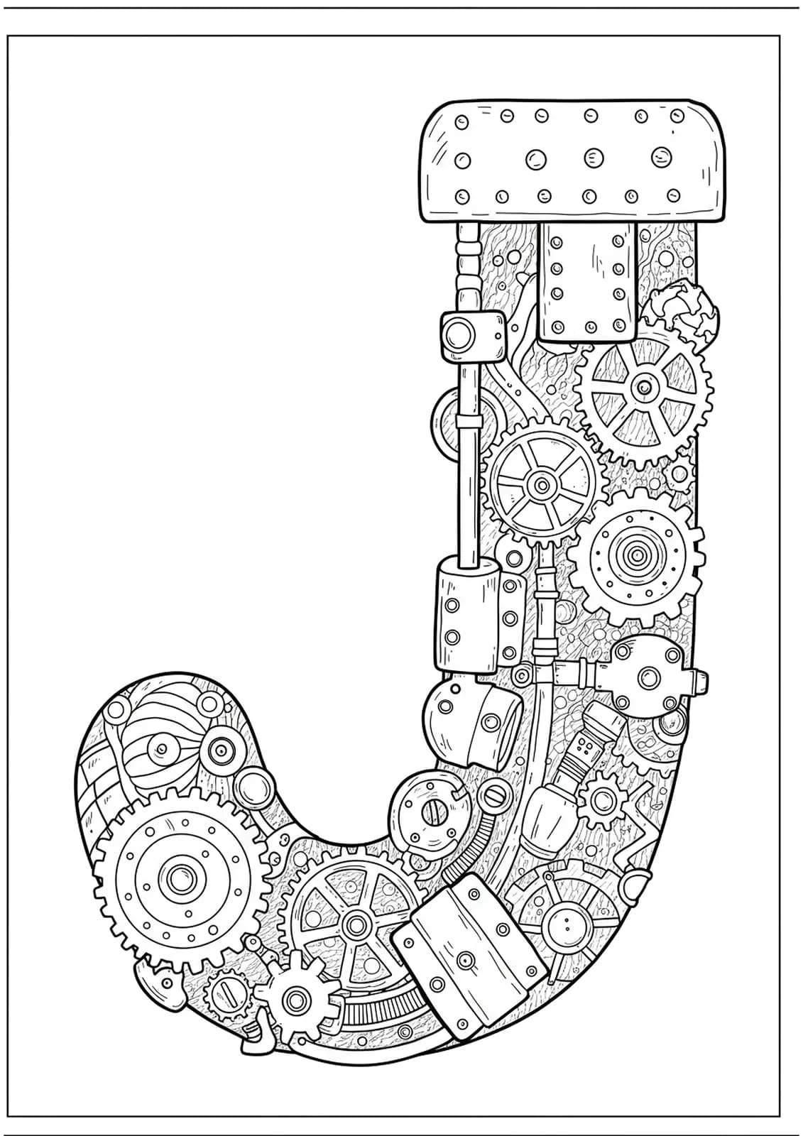 Letter J with surrounding steampunk gears, cogs, and pipes, medium detail black and white coloring page for adults.
