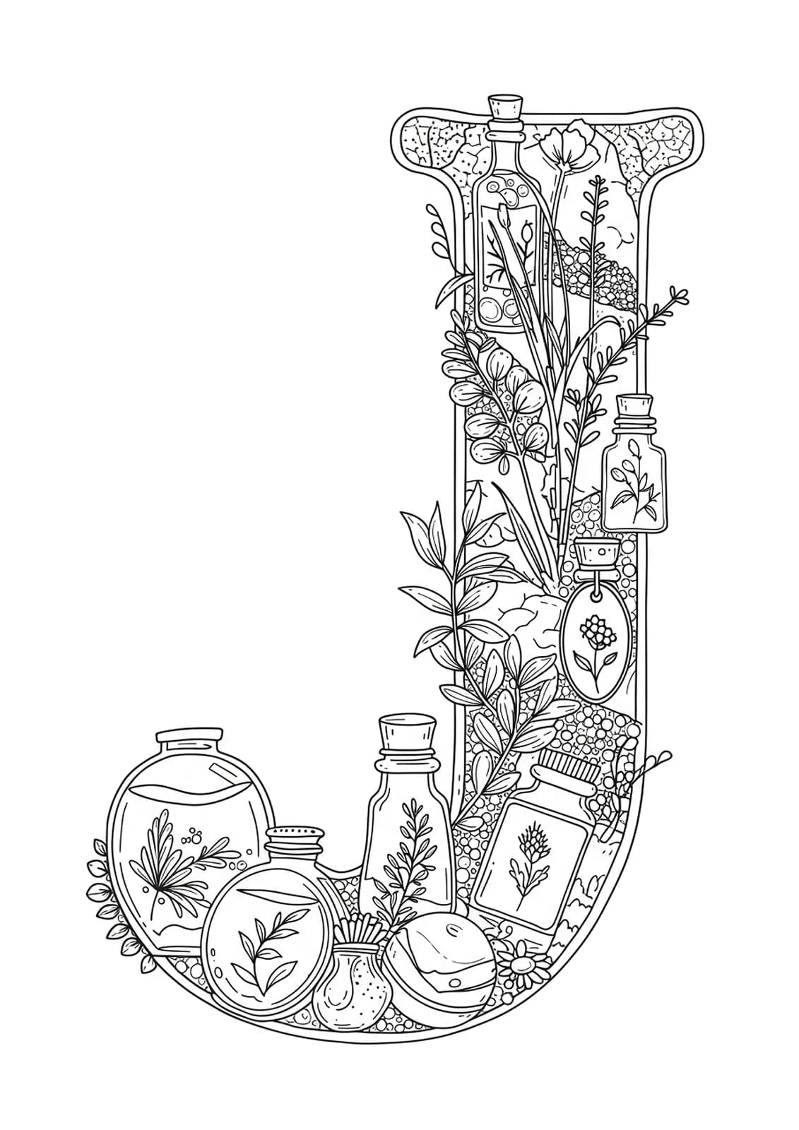 Letter J surrounded by vintage apothecary jars, plants, and ornate labels, medium-complexity adult coloring page.