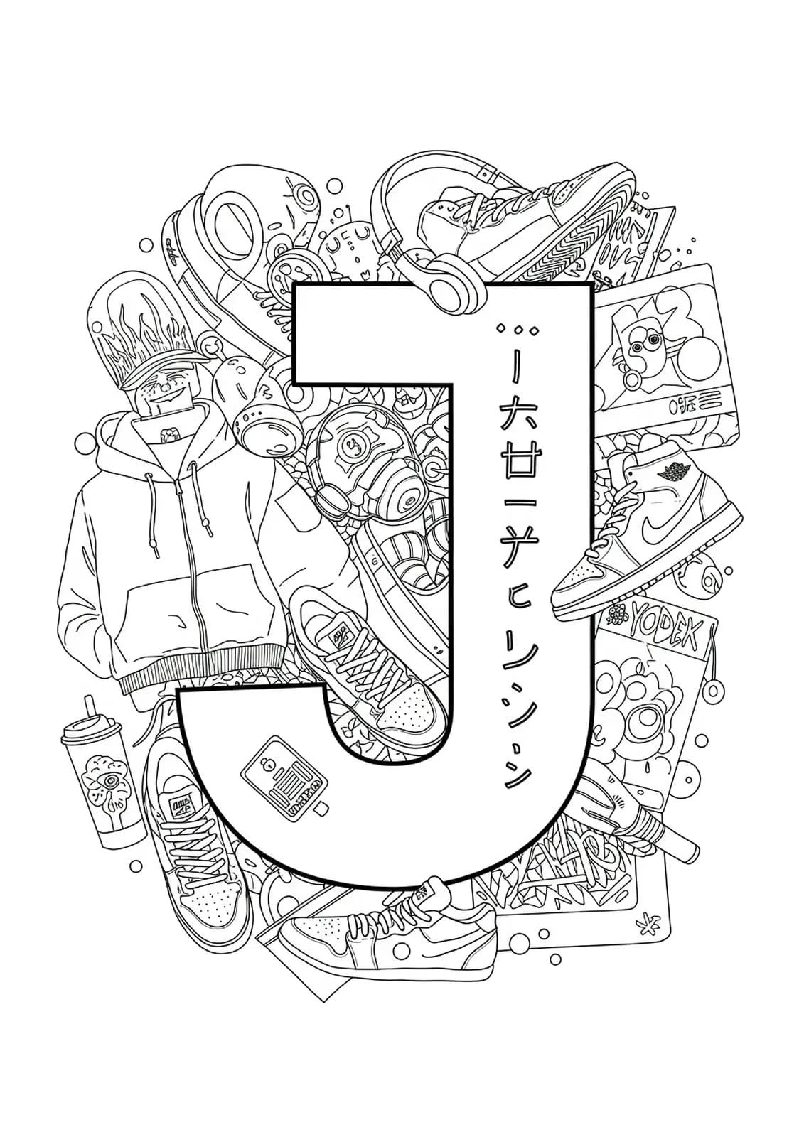 line art letter J surrounded by Japanese streetwear items, including shoes, hoodies, headphones, and graffiti graphics