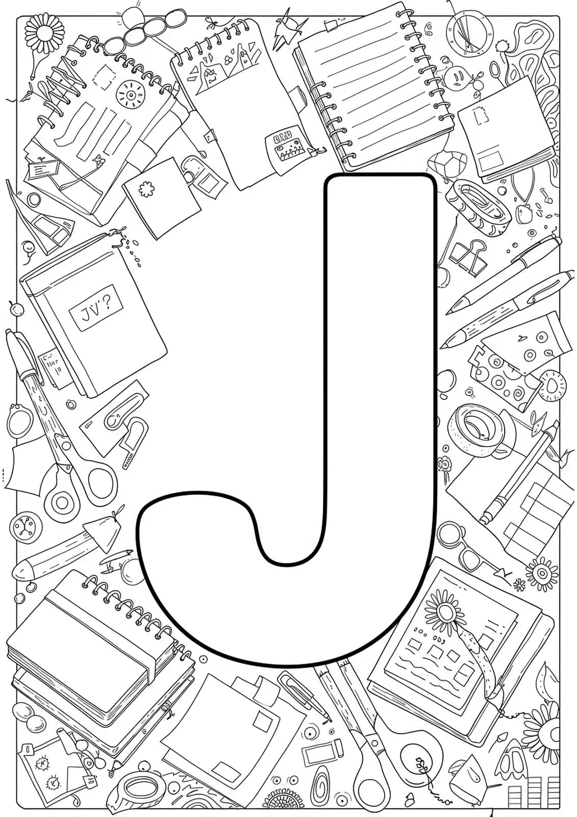 line art letter J with stationery items like notebooks, pens, tapes, stickers, and journal doodles