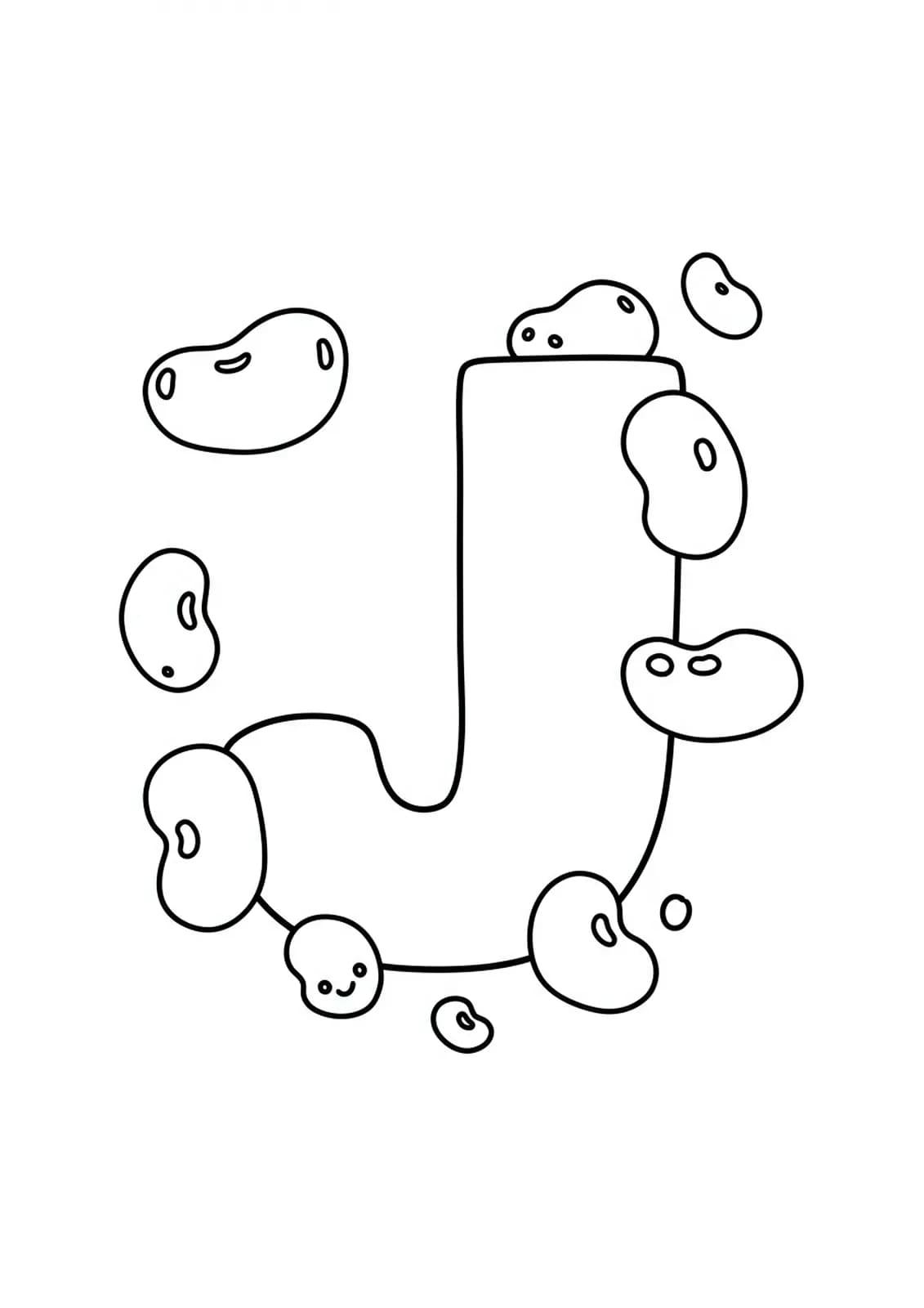 Simple coloring page of a large letter J with big jellybeans jumping around it.