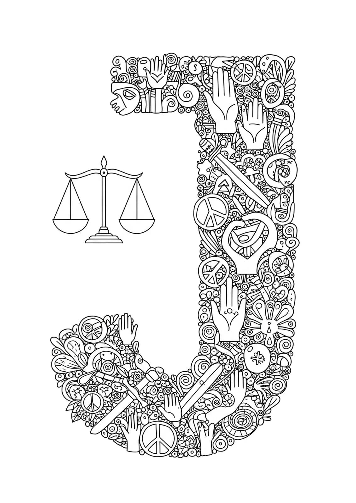 line art letter J surrounded by balanced scales, peace signs, unity hands, and equality symbols