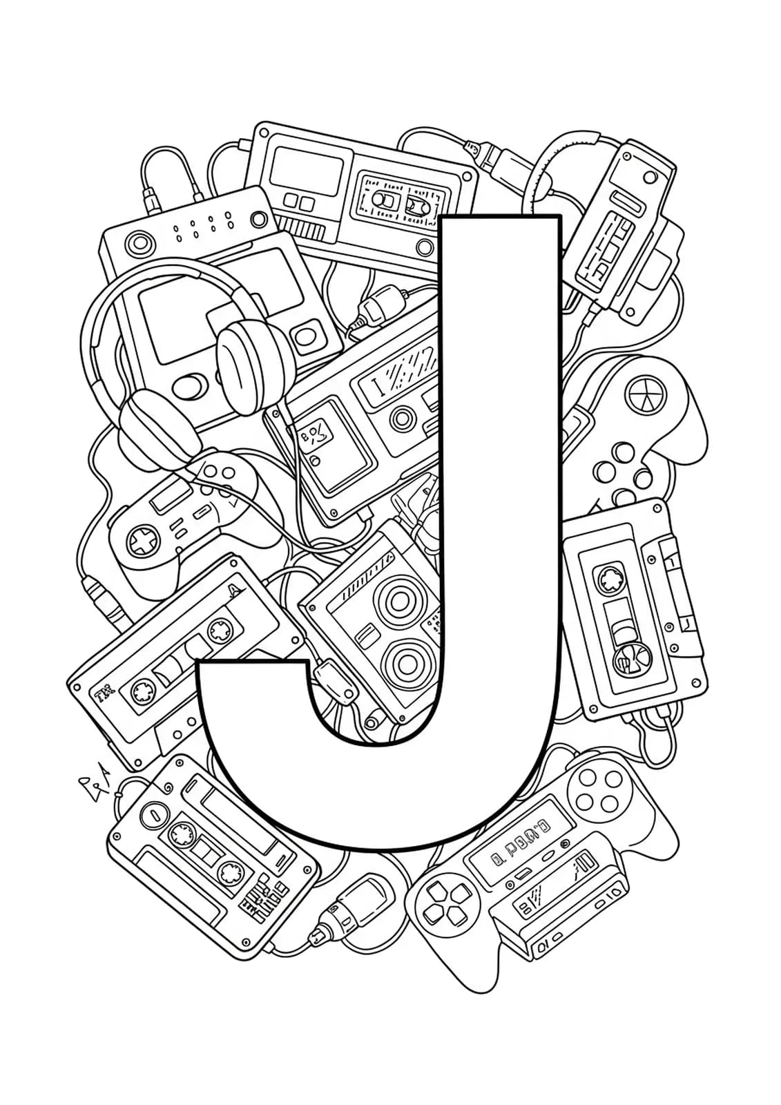 Letter J coloring page with easy outlines of 90s tech gadgets for teens.