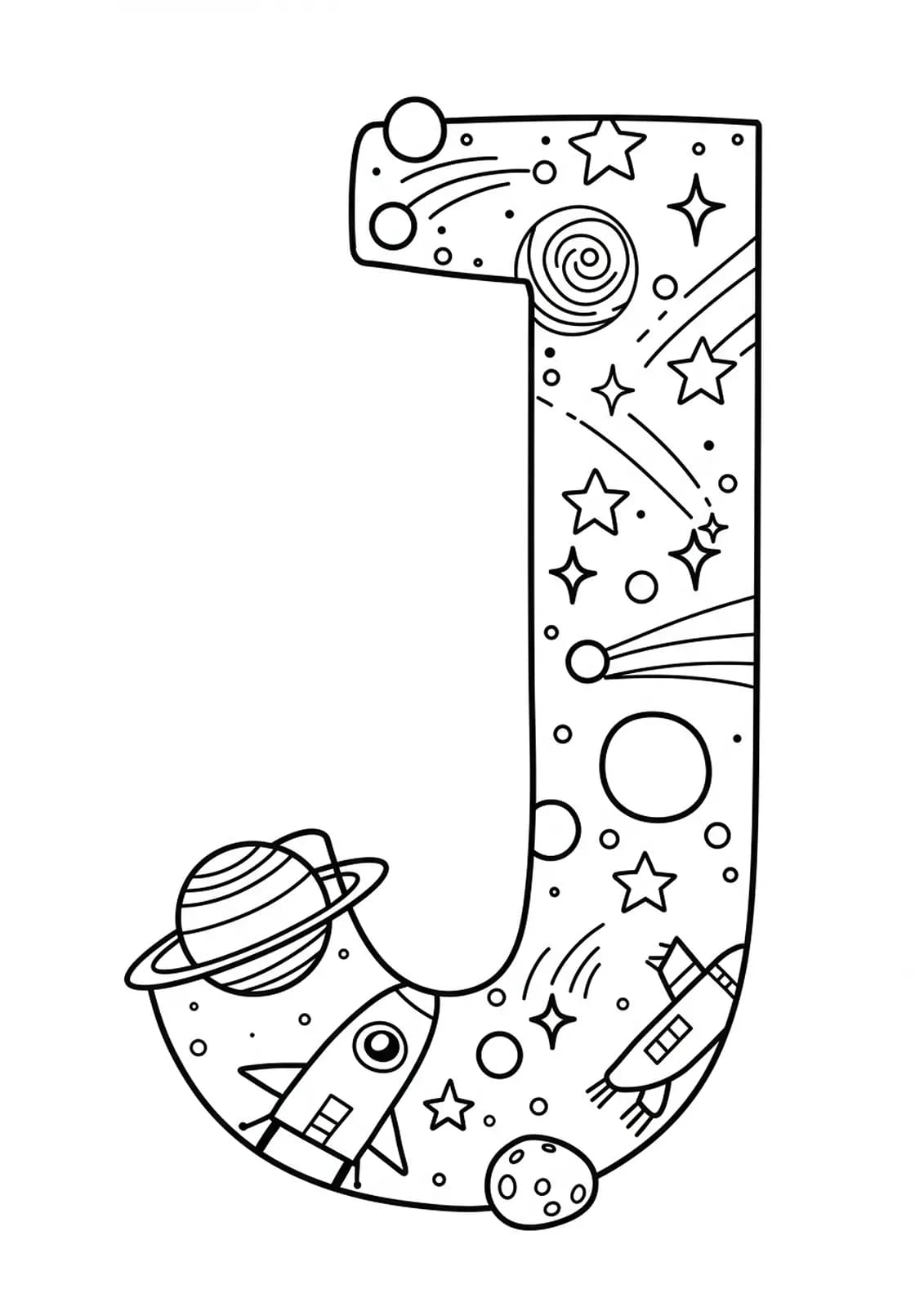 Easy letter J coloring page for teens with stars and space elements around the letter.