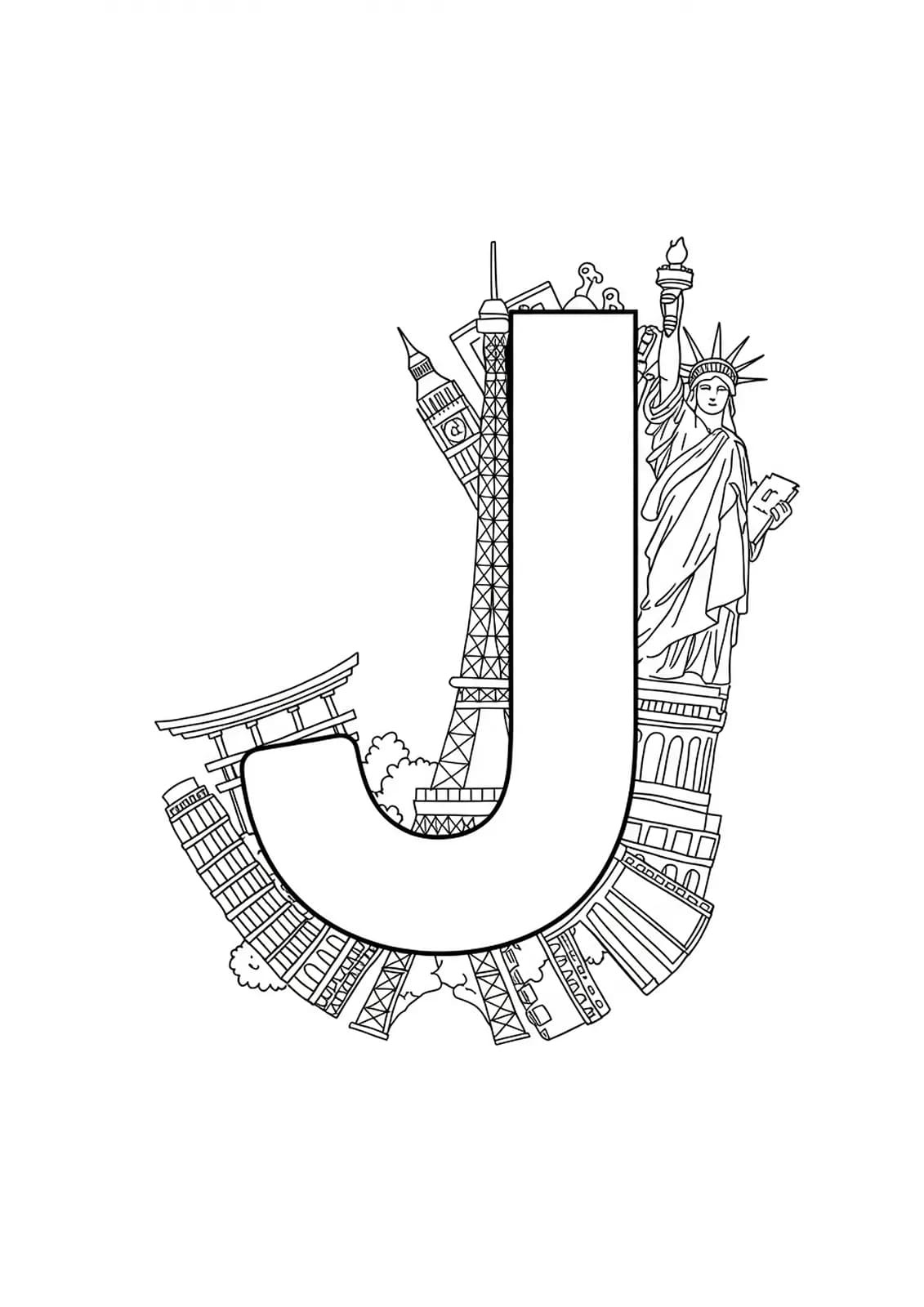 Letter J coloring page for teens with easy landmark outlines for coloring.