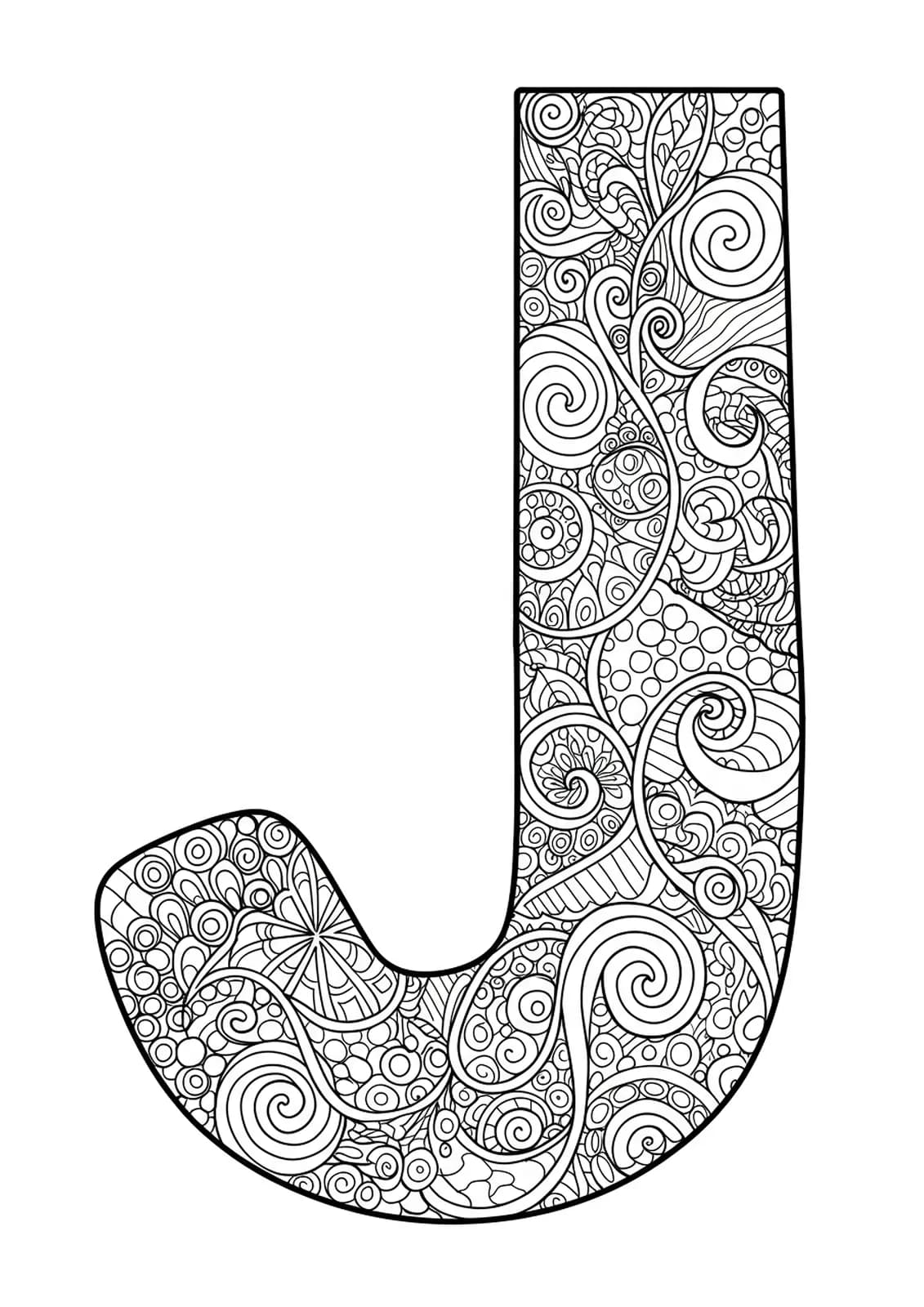 Letter J decorated and bordered with swirling Zen Tangle patterns, black and white, medium-level adult coloring page.