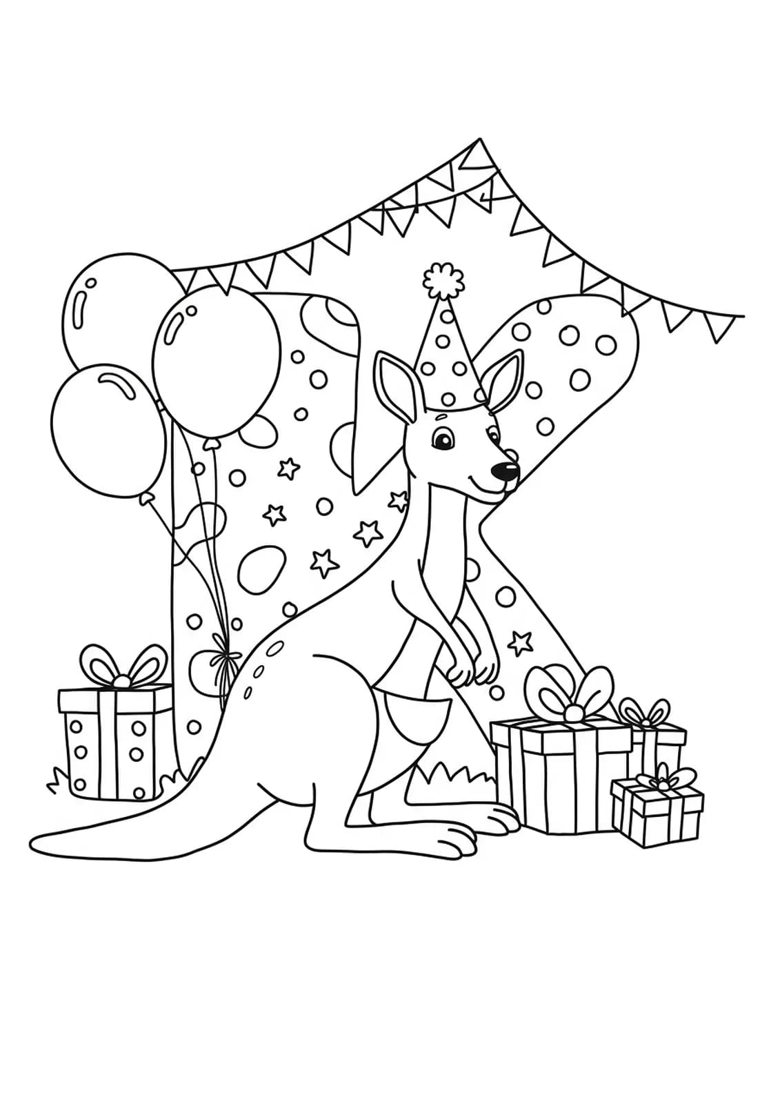 Letter K with a smiling kangaroo wearing a party hat, surrounded by holiday decorations and balloons.