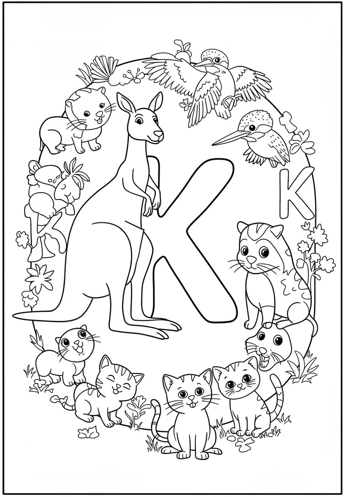 Line art coloring page with the letter K, kangaroo, kingfisher, kitten, and other animals.