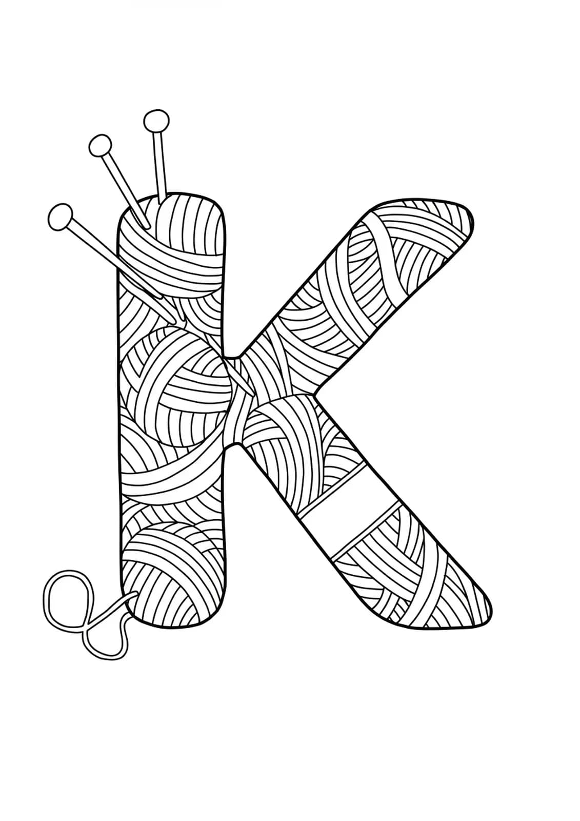 Large letter K with simple yarn balls and knitting needles around it, ready to color.
