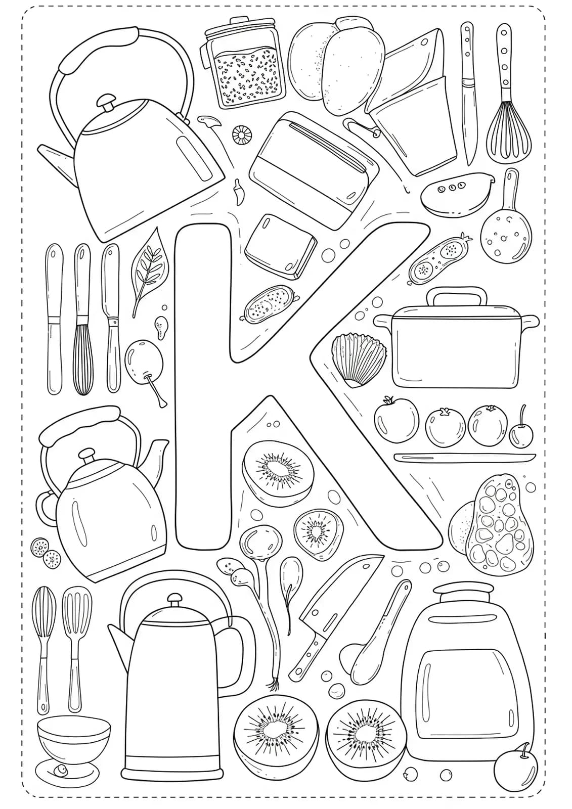 Line art coloring page featuring the letter K with kitchen items such as a kettle, knife, and kiwi.