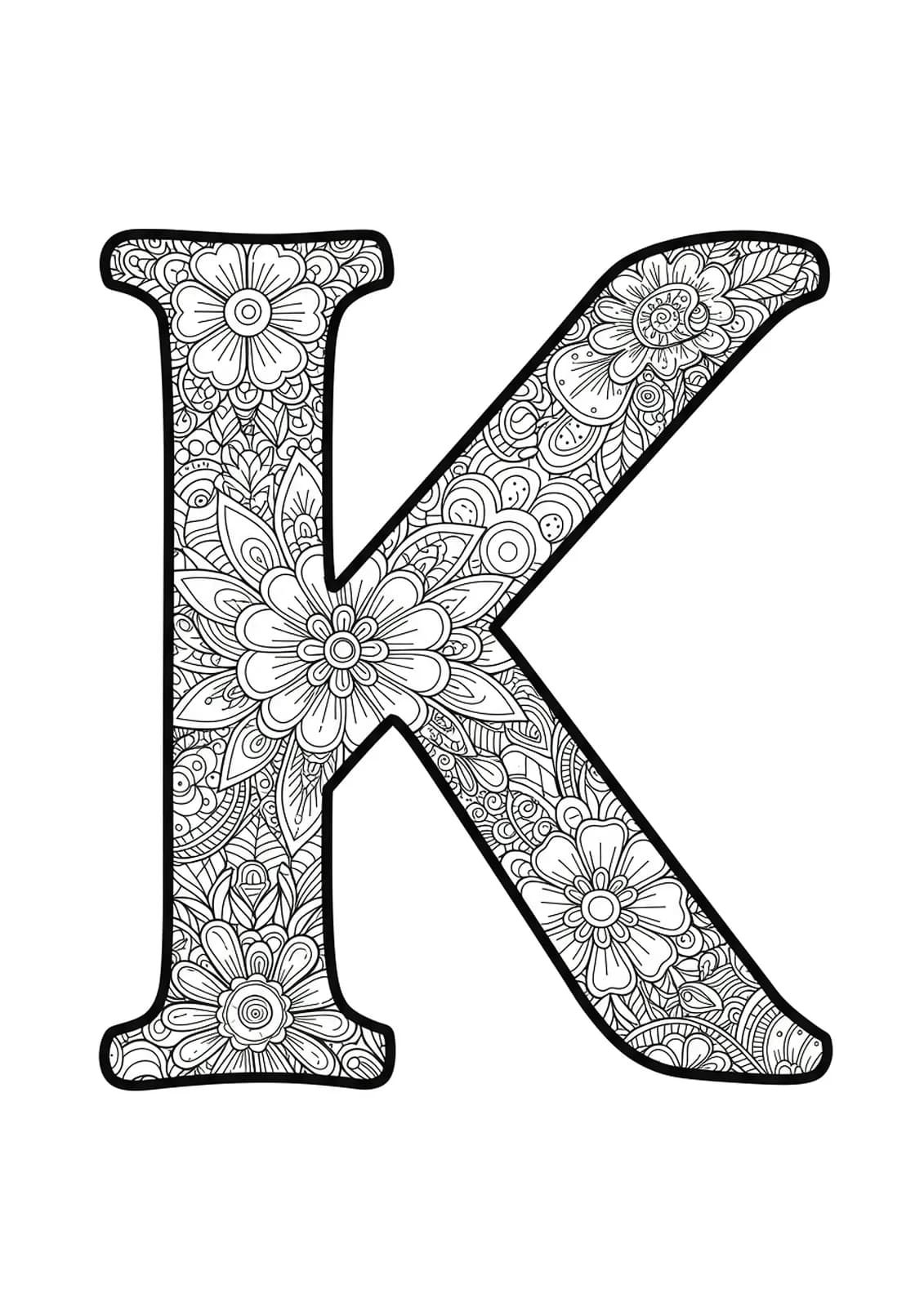 Intricate coloring page of the letter K with detailed kaleidoscope flower patterns and leaves.