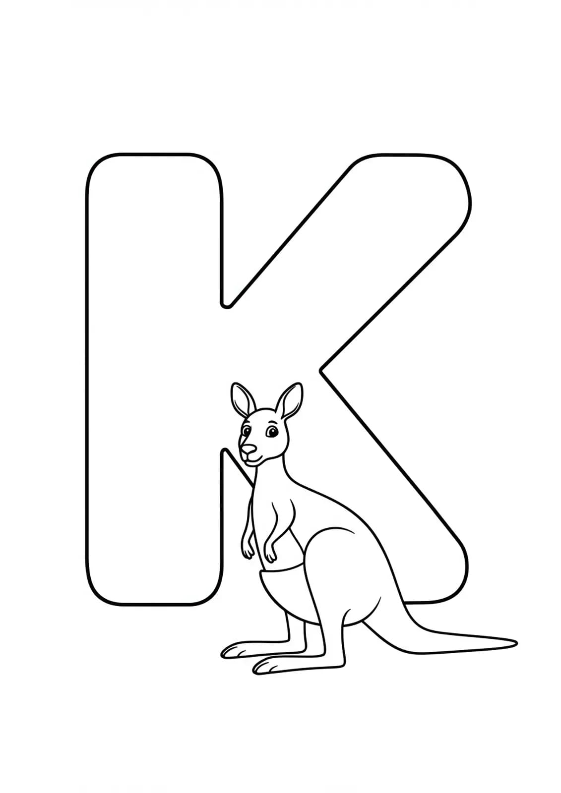 A large letter K with a simple cartoon kangaroo beside it, designed for kids to color.